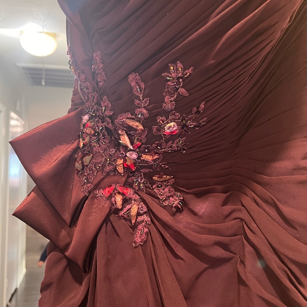 Mieka Burgundy Ruched Prom Gown with Beaded Accent - Picture 3 of 4